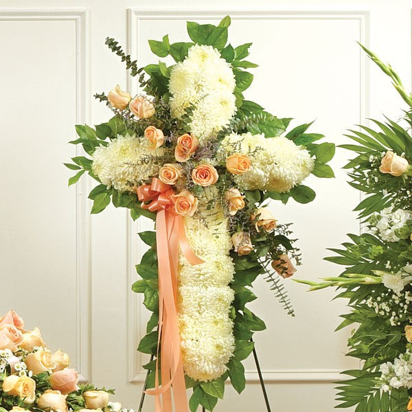 Peach Floral Standing Cross  Bloom Funeral Flowers Chicago – Bloom Funeral  & Sympathy Flowers Dallas